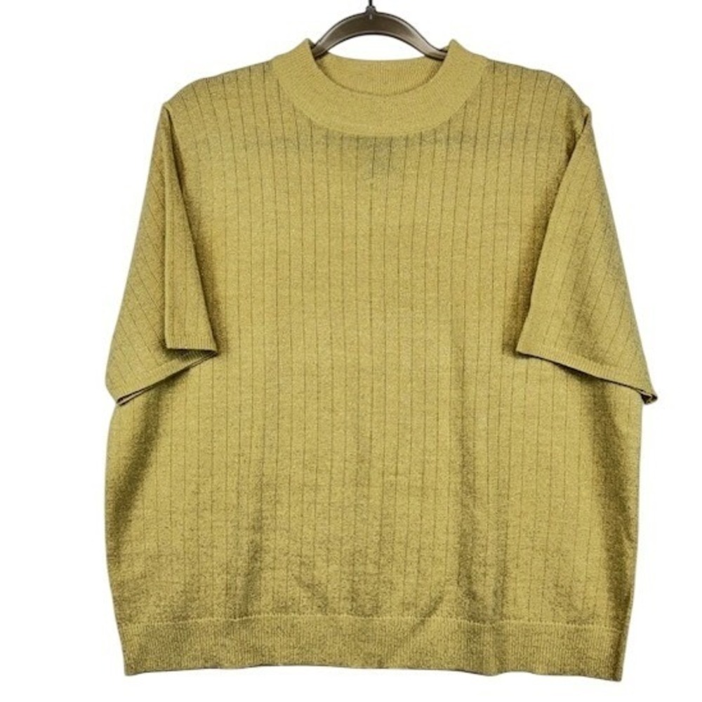 Sag Harbor Womens XL Gold Metallic Ribbed Knit Short Sleeve Sweater Classic